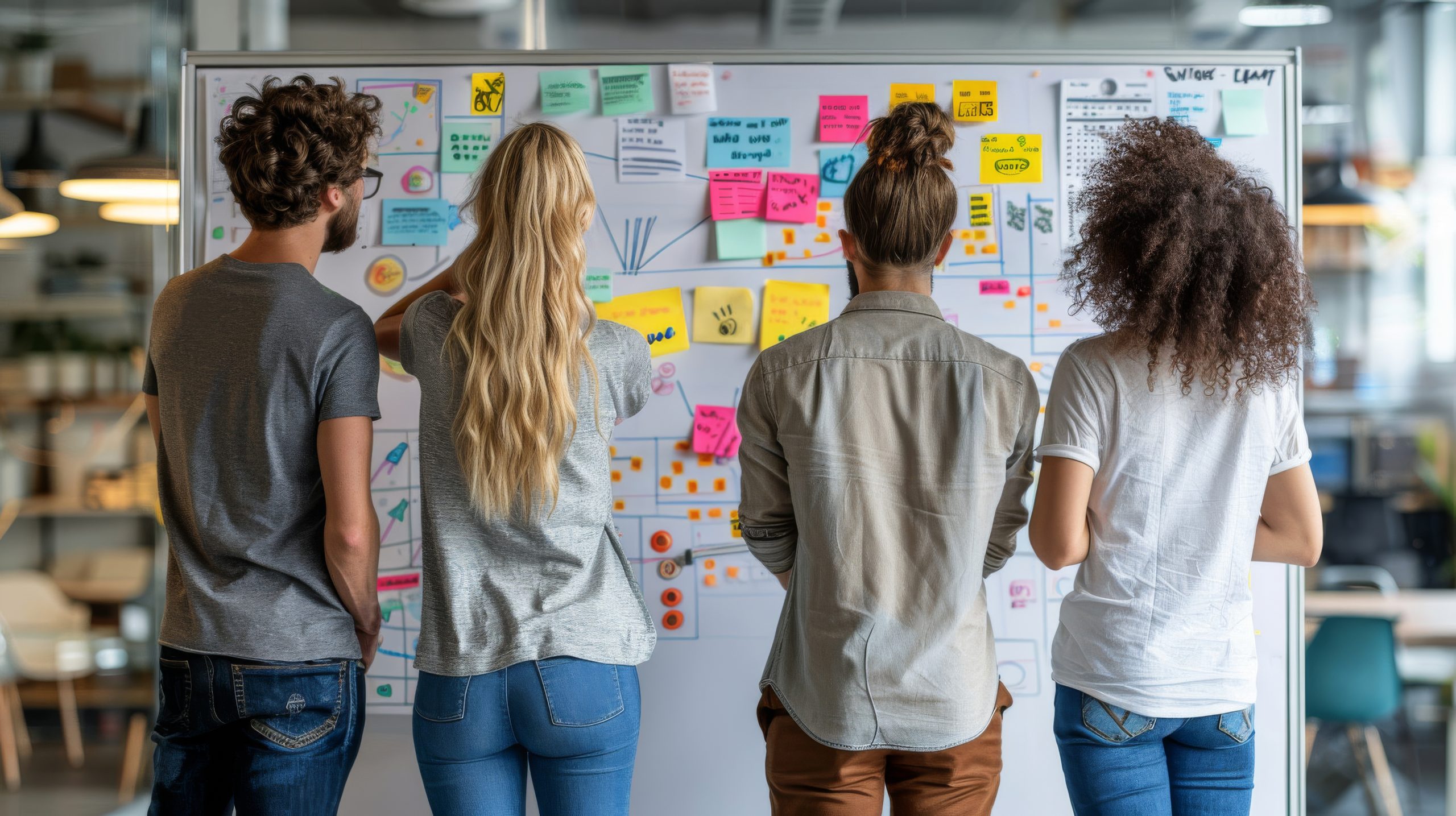 Team of four standing at a whiteboard covered in sticky notes, reviewing Agile sprint goals, tasks and progress.
