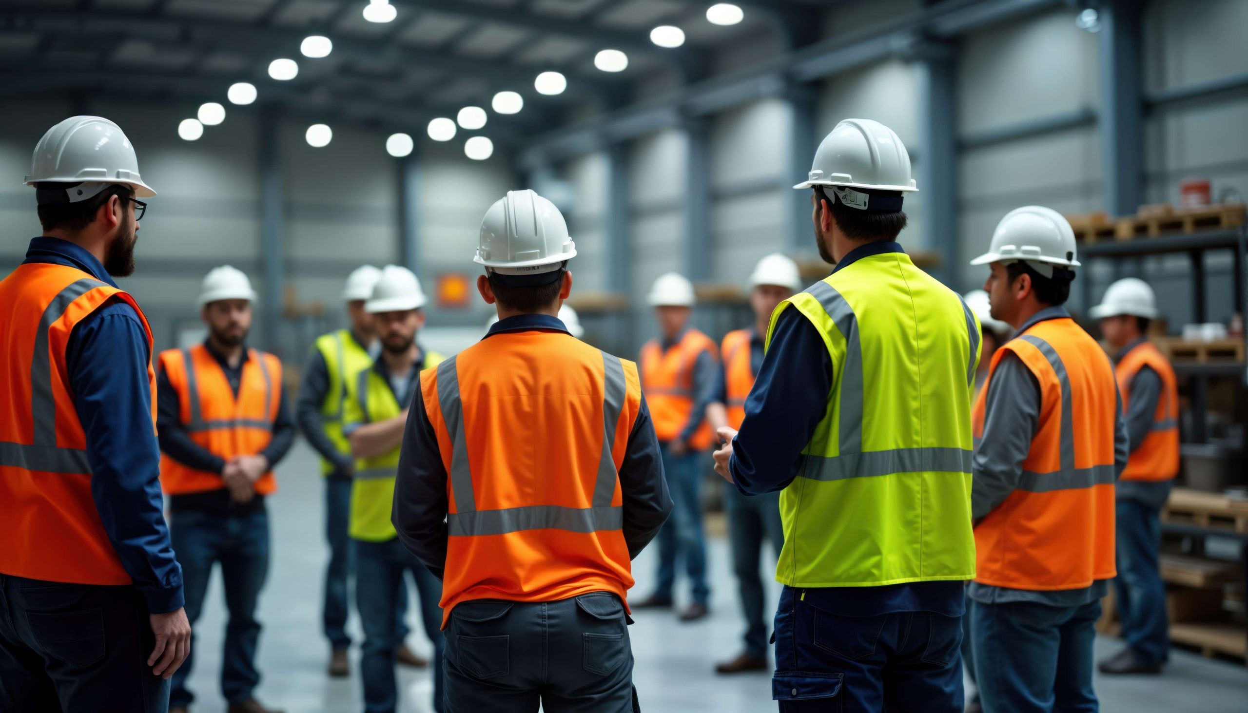 Group of warehouse workers in hard hats and hi-vis vests gathered in a team huddle.