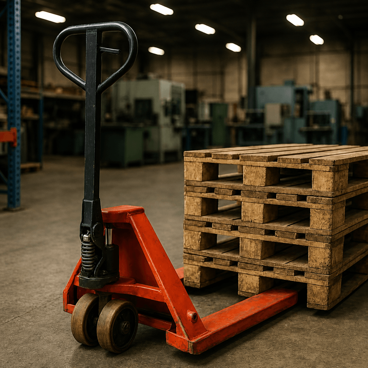 Idle red pallet truck beside a stack of empty wooden pallets in a quiet factory.