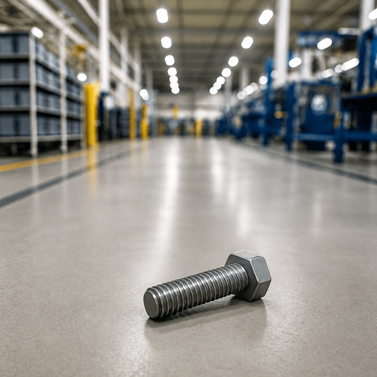 A single loose bolt lying on the floor of a clean, empty factory aisle.