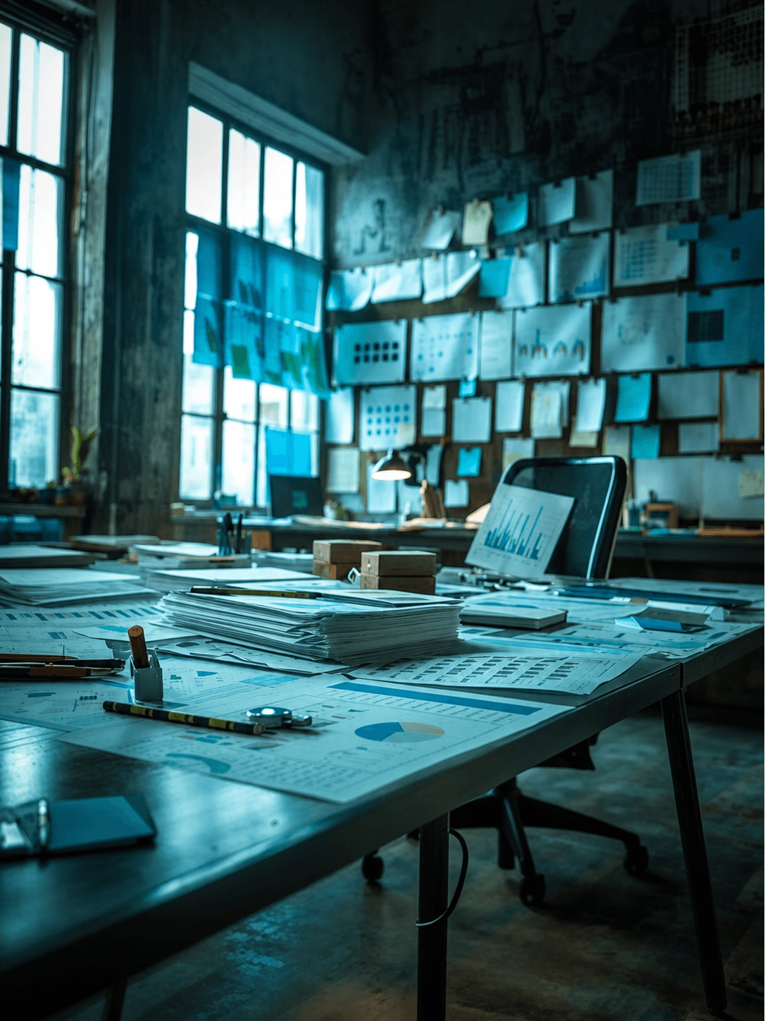 Empty, dimly lit office with desks covered in paperwork and a wall crowded with pinned notes.