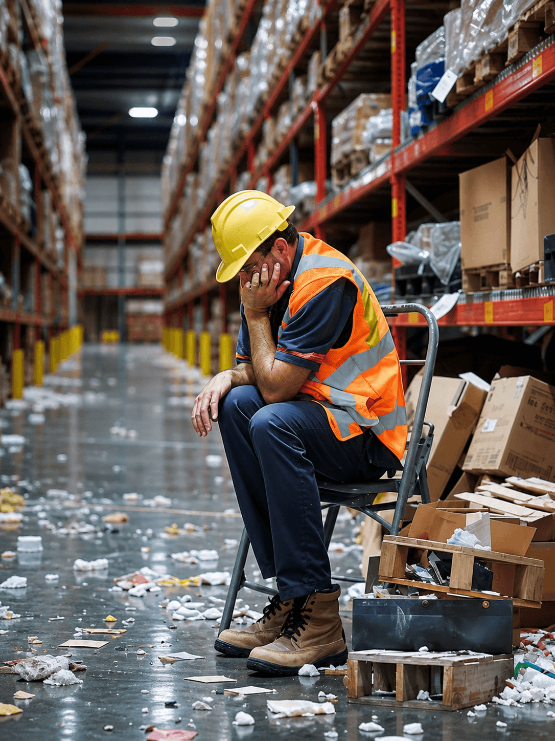 Frustrated warehouse worker sitting with head in hand in a cluttered aisle littered with debris and boxes.