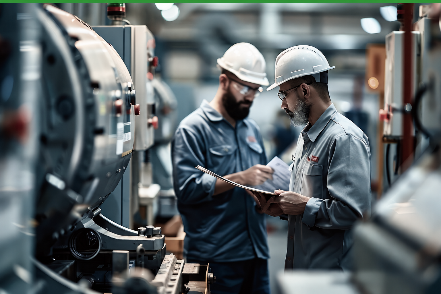 Two engineers in hard hats reviewing a document together beside industrial machinery on a factory floor.