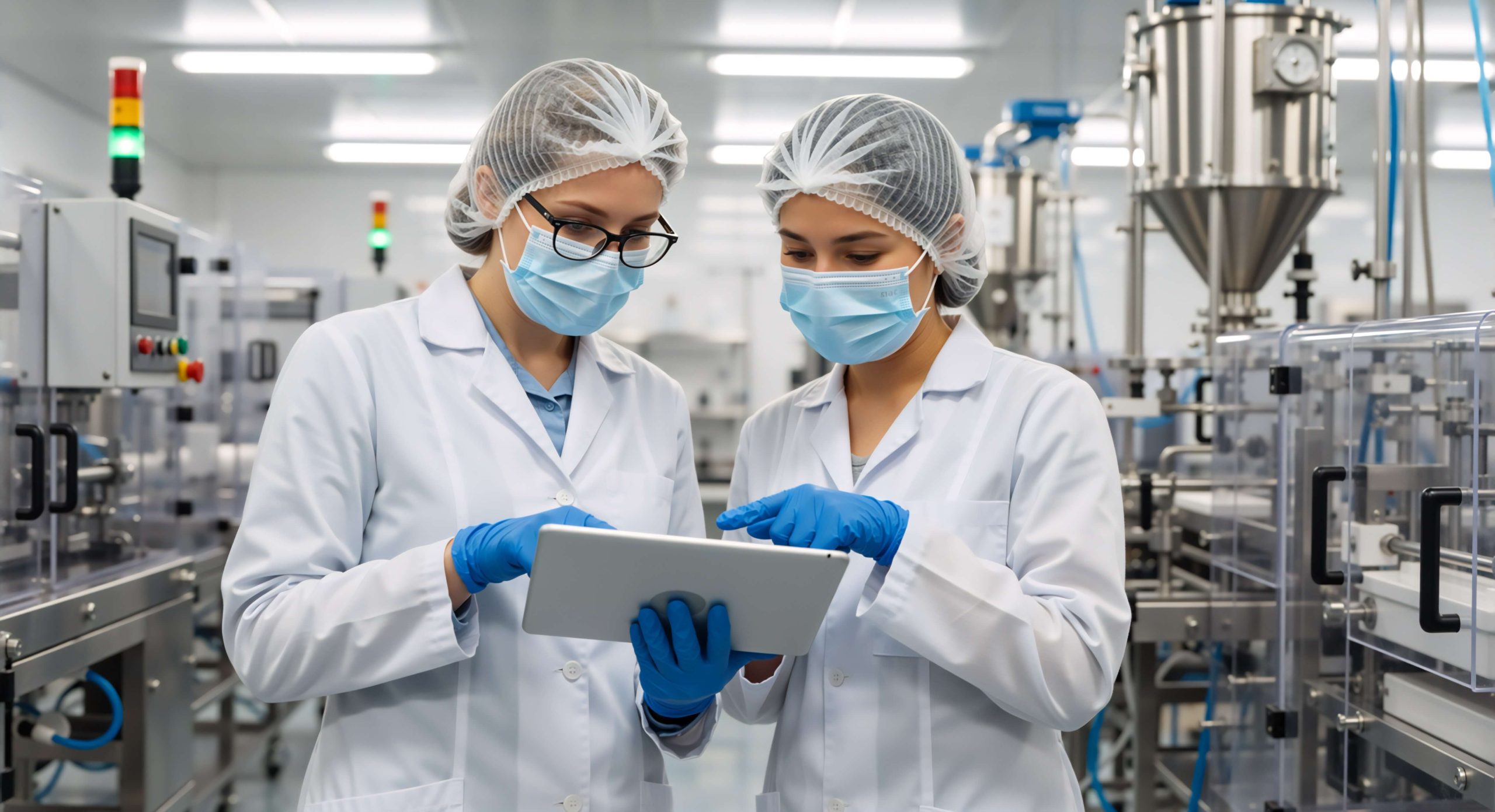 Two technicians in lab coats, hairnets and masks reviewing data on a tablet in a clean production facility.