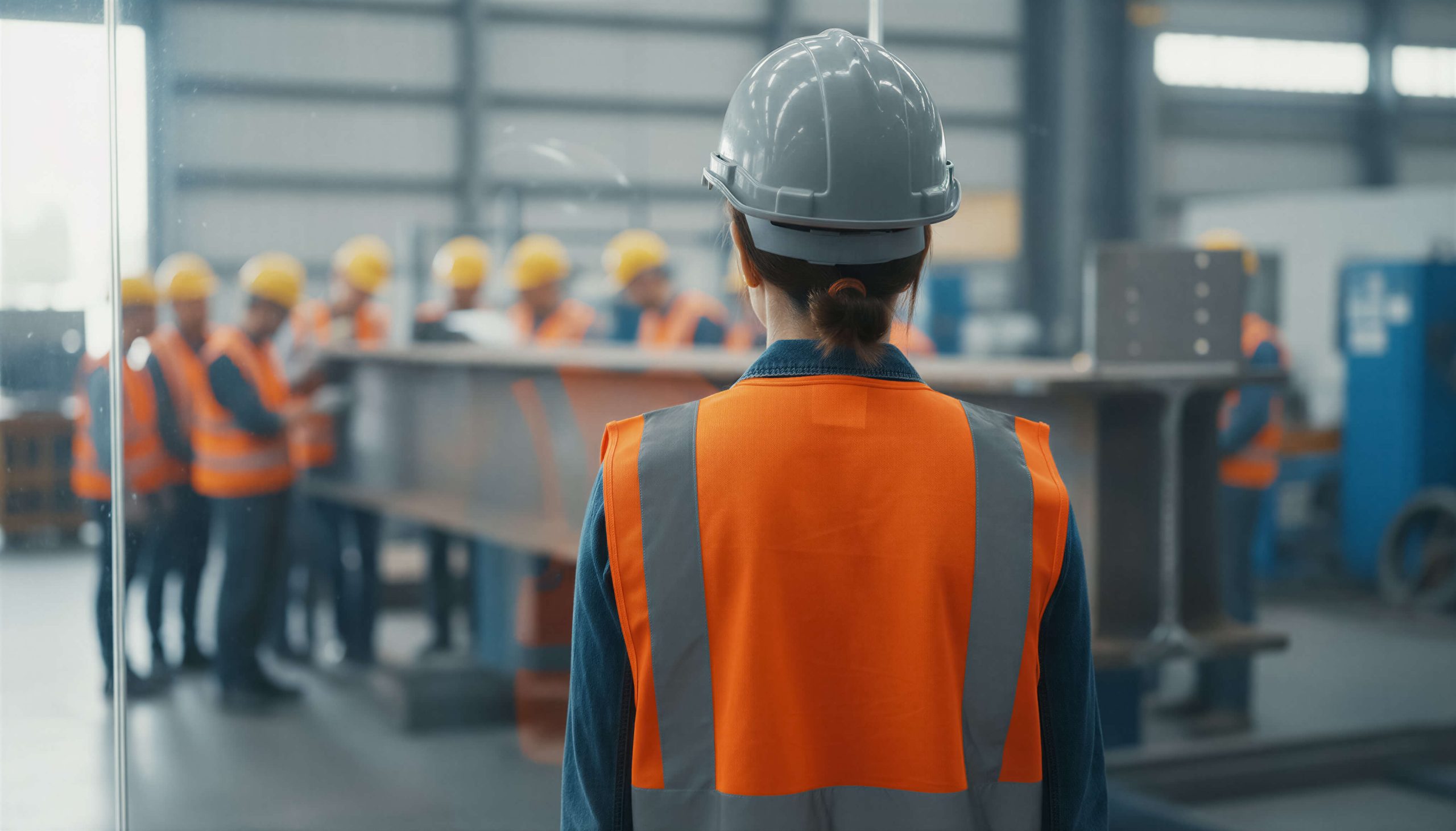 Supervisor in a hard hat and orange hi-vis vest facing a team of workers gathered on the factory floor.