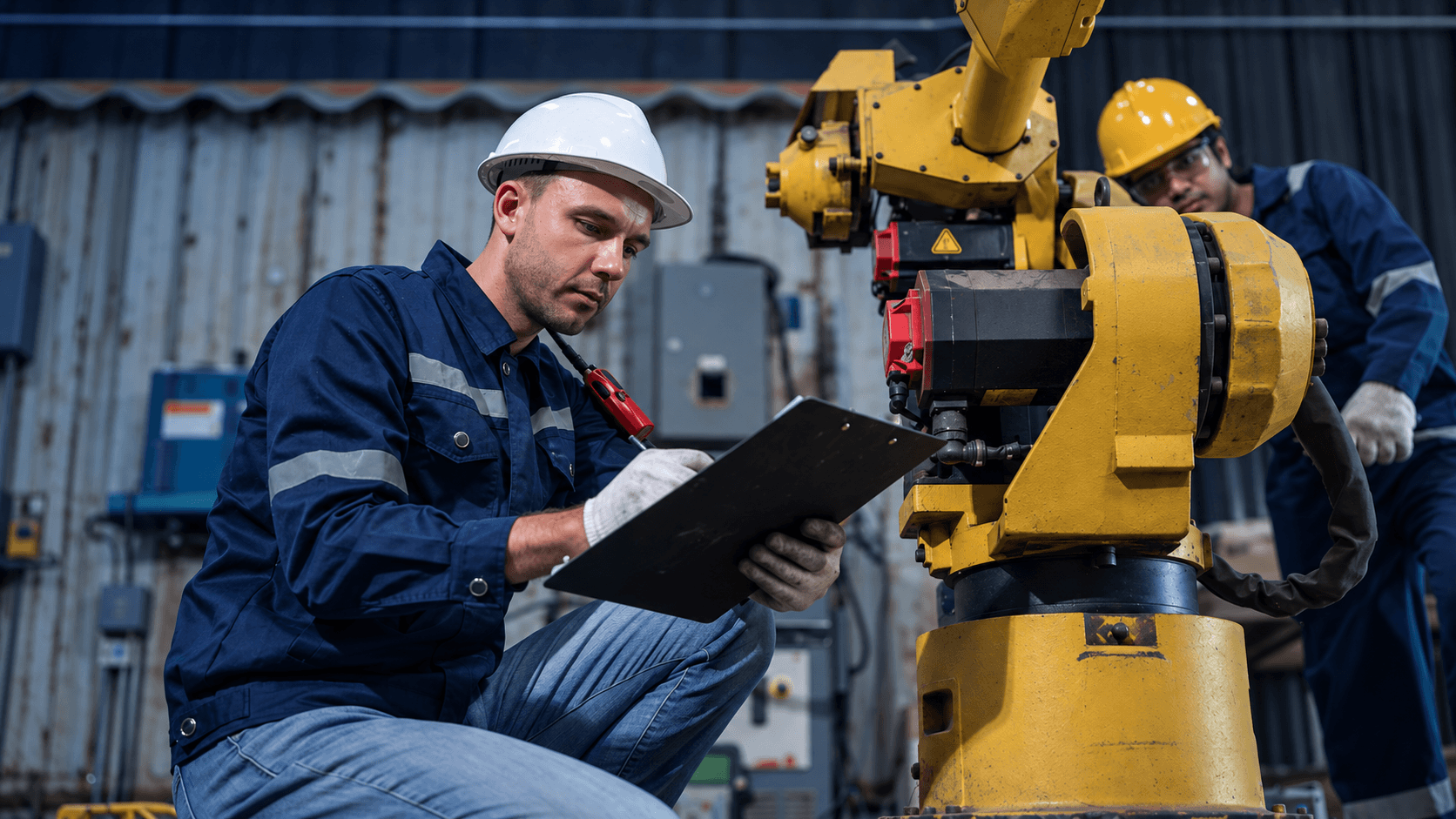 Two manufacturing professionals inspecting industrial equipment and recording its condition.