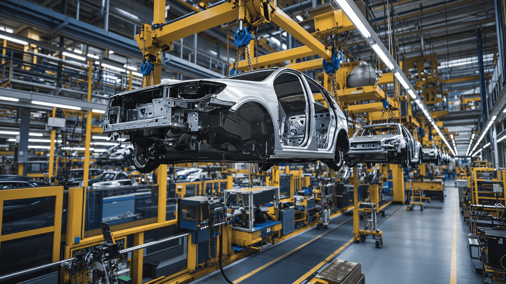 Vehicle bodies moving through an overhead manufacturing conveyor system.